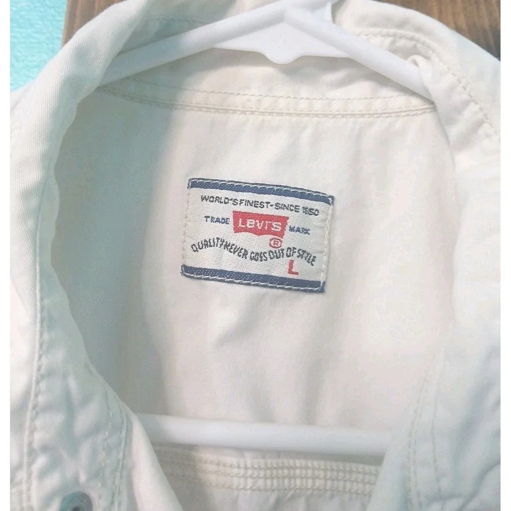 Vntg White Tag Levi Collard Long Sleeve Button Down White Flannel Size LG Cotton